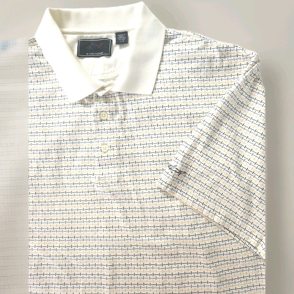Greg Norman Golf Polo Mens Large Soft Touch Cotton Ivory Geometric AOP EUC